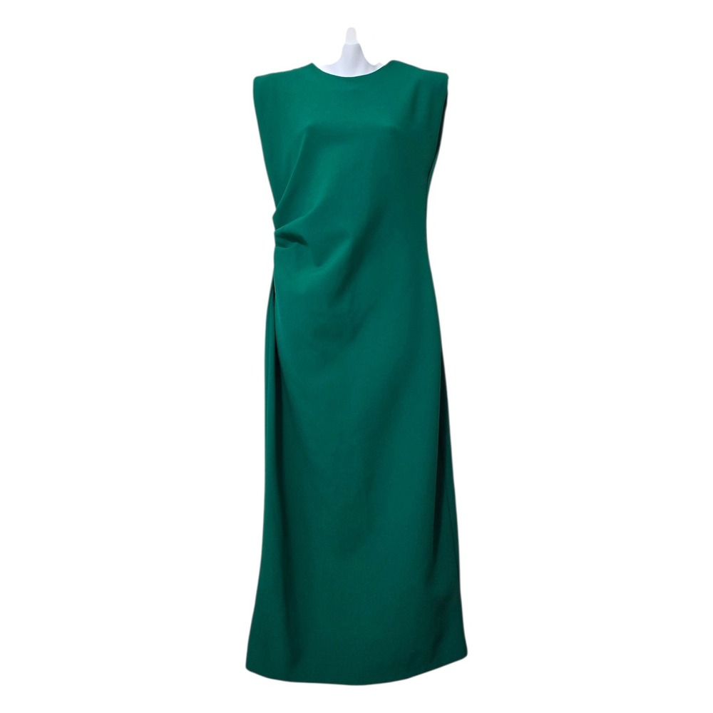 Zara Structured Ruched Waist Vented Midi Dress In Green Sz L